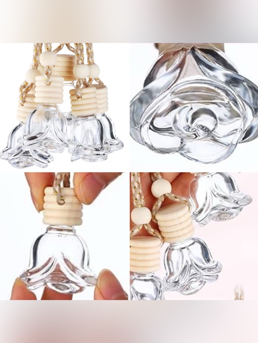 Carved Glass rose Pendant for Car Diffuser  Beige Wood - Add your own flavor